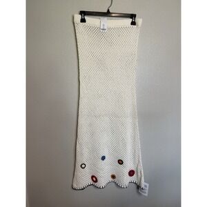 Topshop Women's Size Medium White Open Knit Embroidered Long Skirt Floral Beach
